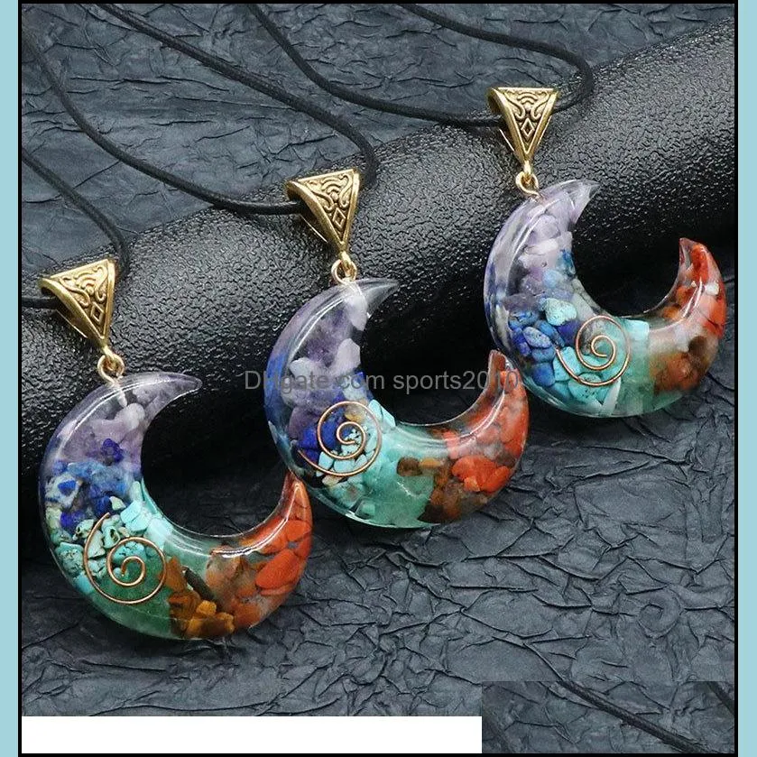 coated resin colorful stone beads crescent moon pendant necklace healing jewelry for men men rope chain