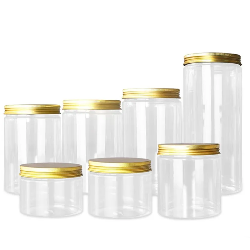 Transparant huisdier plastic opbergdozen Voedingskwaliteit Verpakkingsfles Ronde afgesloten pot met gouden aluminium deksels