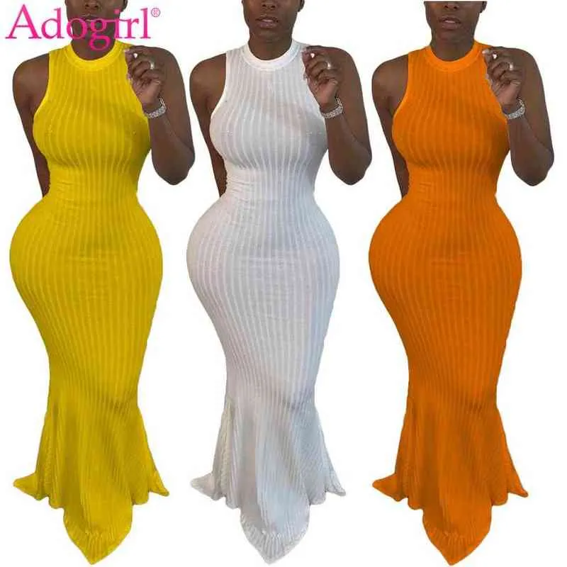 Adogirl Kadınlar Katı Nervürlü Fishtail Maxi Elbise Yaz Rahat Kolsuz Bodycon Uzun Mermaid Vestidos Zarif Patry Elbise Y220413