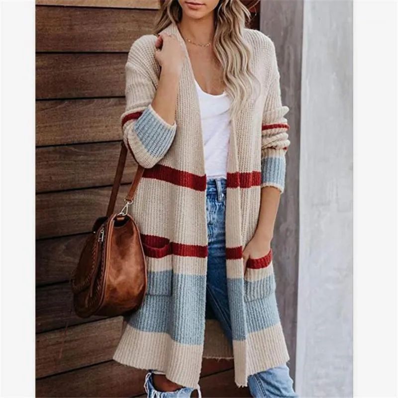 Women's Jackets Lady Color Block Knitwear Fall Winter Long Sleeves Loose Coat Top Female Cardigan Jacket Open Front With Pocket