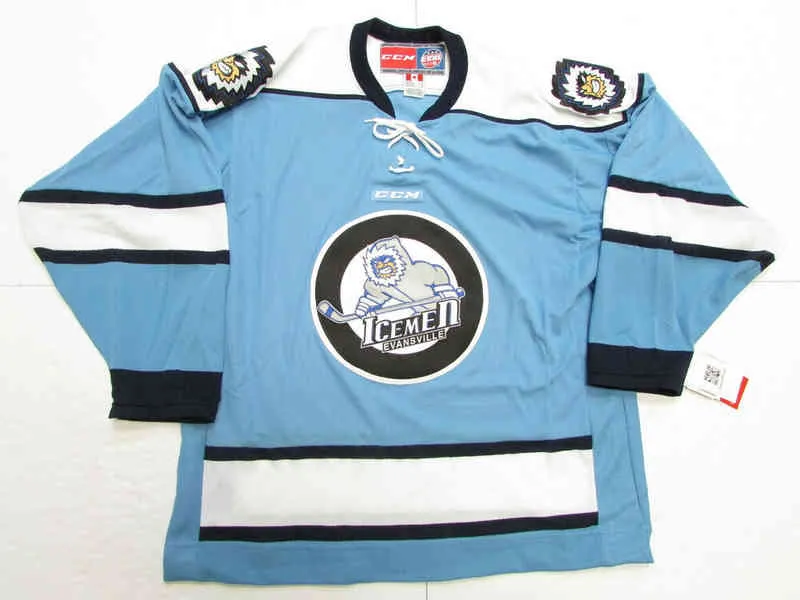 Seltenes, genähtes, individuelles EVANSVILLE ICEMEN BLAUES ECHL CCM Hockey-Trikot. Fügen Sie einen beliebigen Namen und eine beliebige Namensnummer hinzu. Männer Jugend Frauen XS-5XL