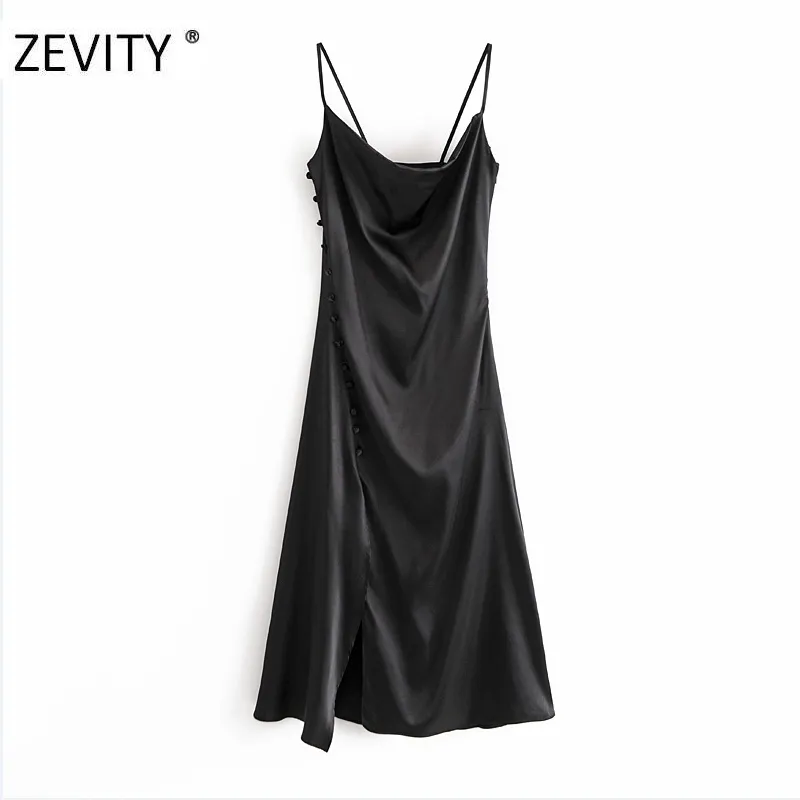 Zevity Women Elegant Solid Color Button Decoration Split Sling Dress Female Inner Style Vestido Chic Backless Dresses DS4350 210303