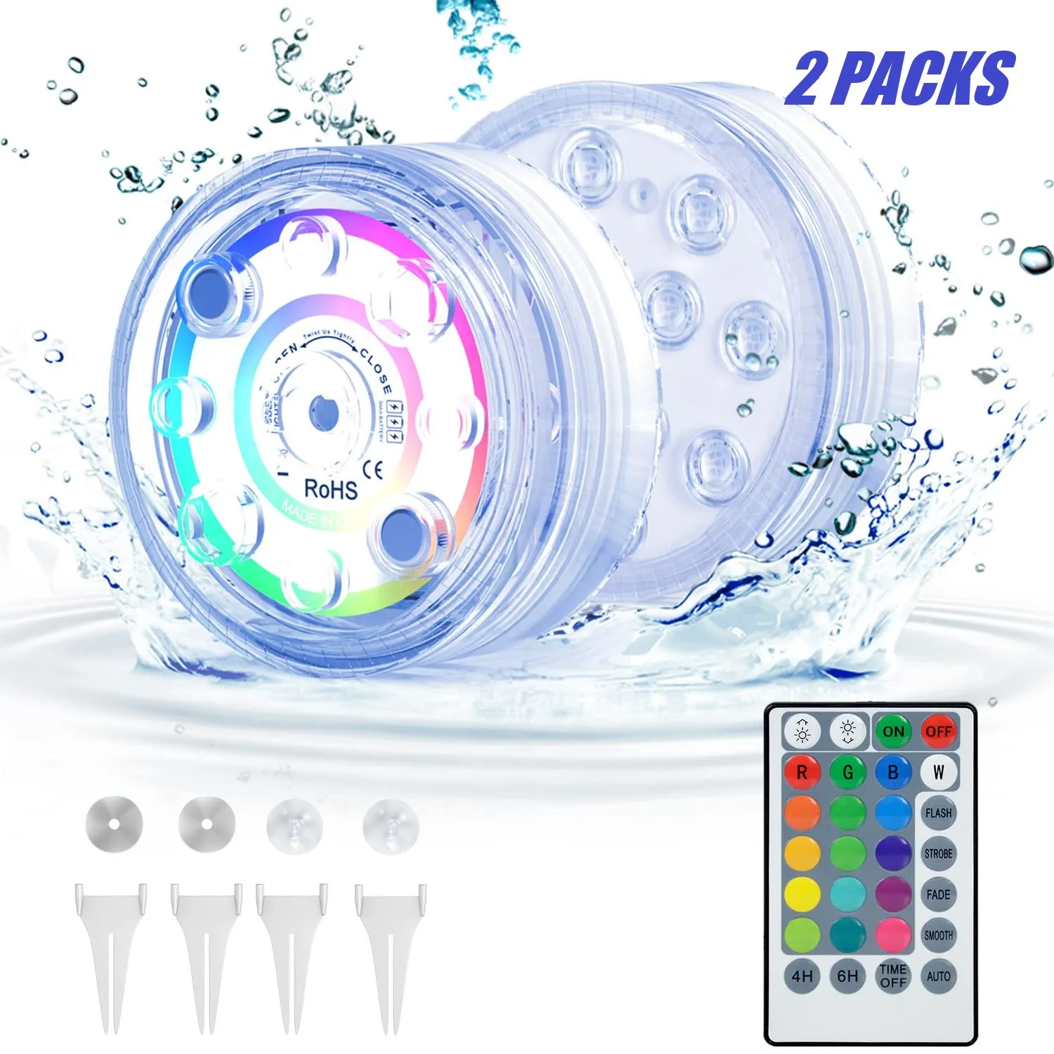 STOCK IN US Lot de 2 lampes sous-marines pour bassin 13 perles LED 16 couleurs 4 modes de changement LED submersibles à intensité variable pour baignoire piscine avec télécommande magnétique