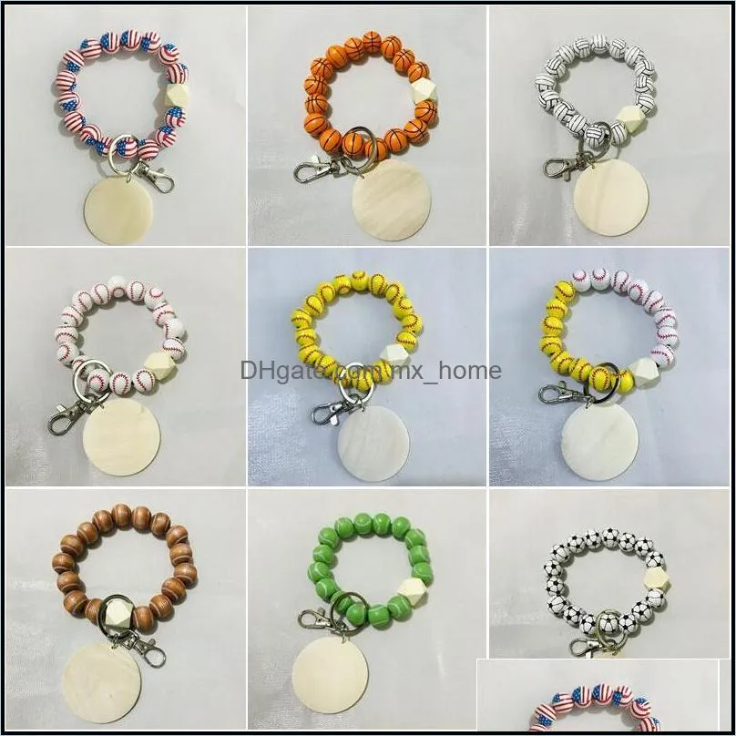 Beaded Bracelet Keychain Pendant Party Favor Sports Ball Soccer Baseball Basketball Wooden Bead Drop Delivery 2021 Event Supplies Festive