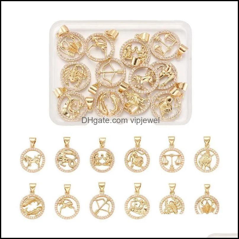 charms 12pcs 12 style brass micro pave cubic zirconia pendants nickel free with snap on bail flat round constellationcharms