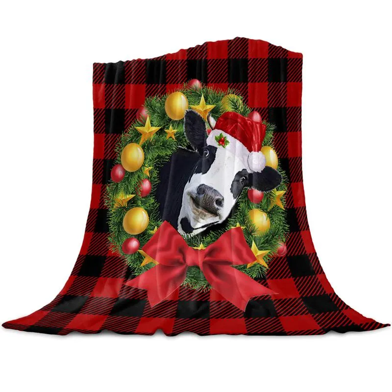 Dekens kerstkrans koe rode plaid gooi deken voor bankdecoratie sprei draagbare microvezel flanel