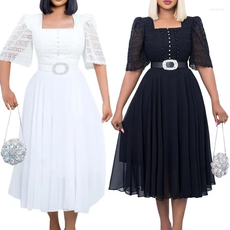Sıradan Elbiseler Yaz Siyah/Beyaz Kadın Şifon Dantel Midi Elbise İşlemeli Parlamalar Kare Yaka Orta Kalf Kadın Kemer Boyutu