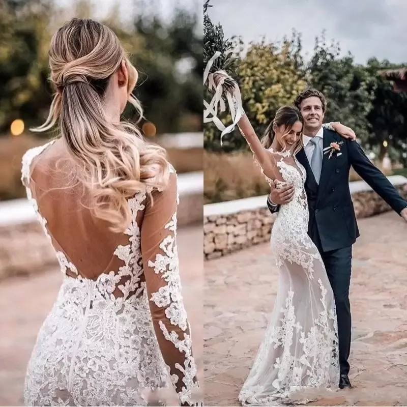 New Sexy Sheer Bohemian Wedding Dresses Sheath Long Sleeves Lace Appliqued Backless Beach Boho Bridal Gowns