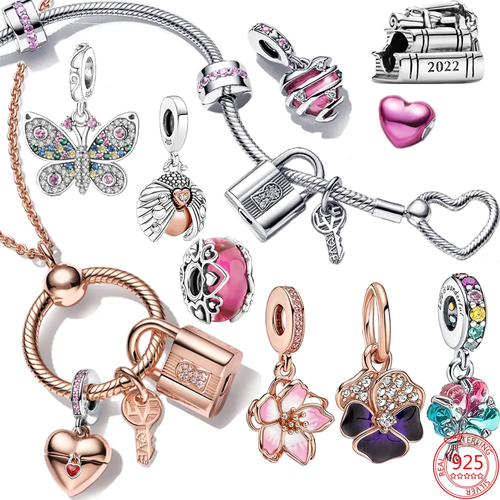 925 Silver Fit Pandora Stitch Bead Ladybug and Heart Badlock Badelet Charm Charm Carm Dangle Diy Jewelry Association