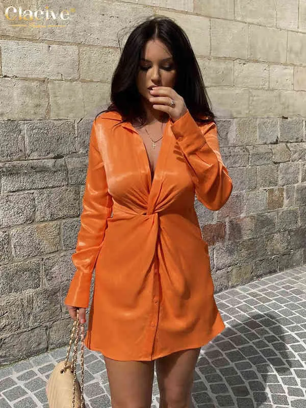 Clacive Automne Orange Satin Robe Moulante Lady Mode Revers À Manches Longues Mini Robe Élégant Chic Robes De Soirée Pour Les Femmes 2022 T220804