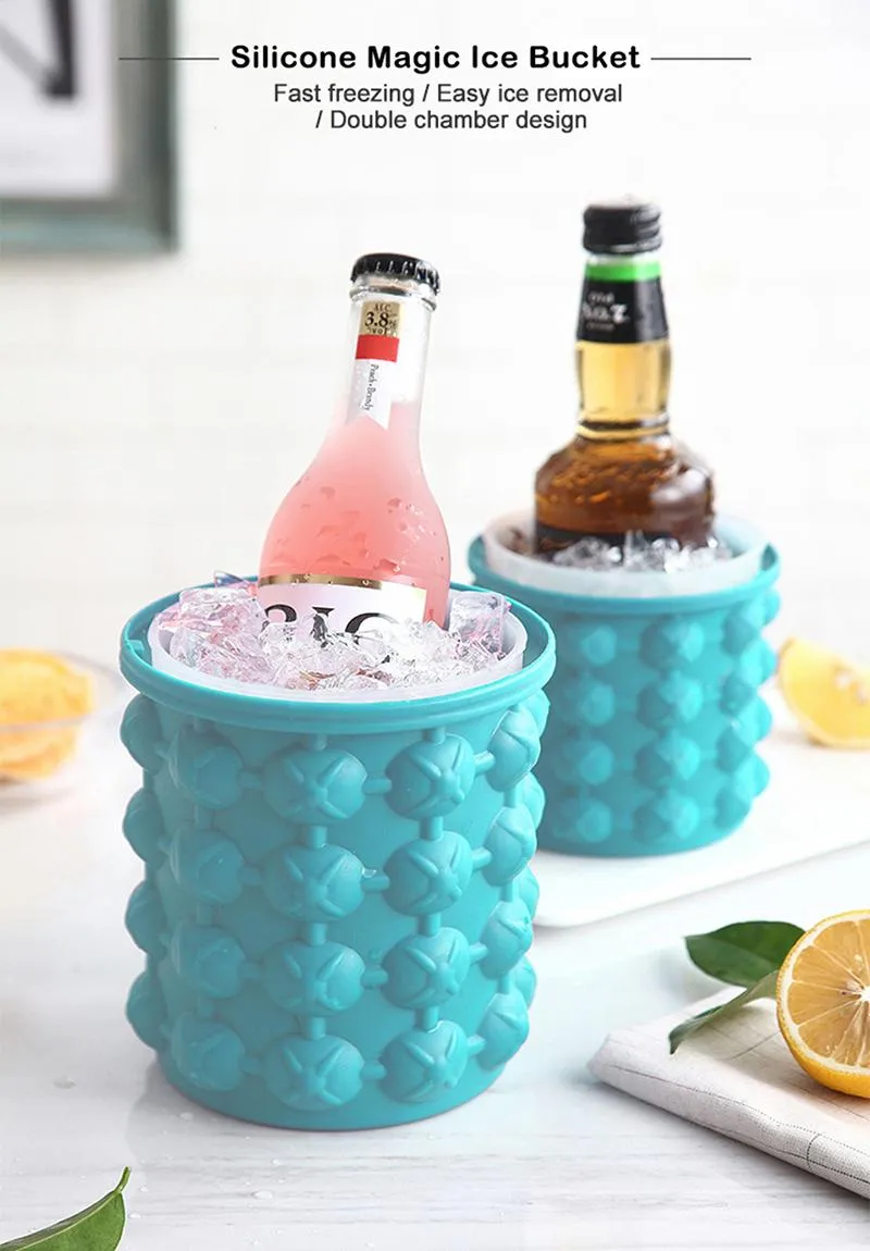 Portable 2 in 1 Large Silicone Ice Cube Mold Maker Tray Bucket Wine Ice Cooler Beer Cabinet Kitchen With Lids For Party Beverage Frozen Whiskey Cocktail