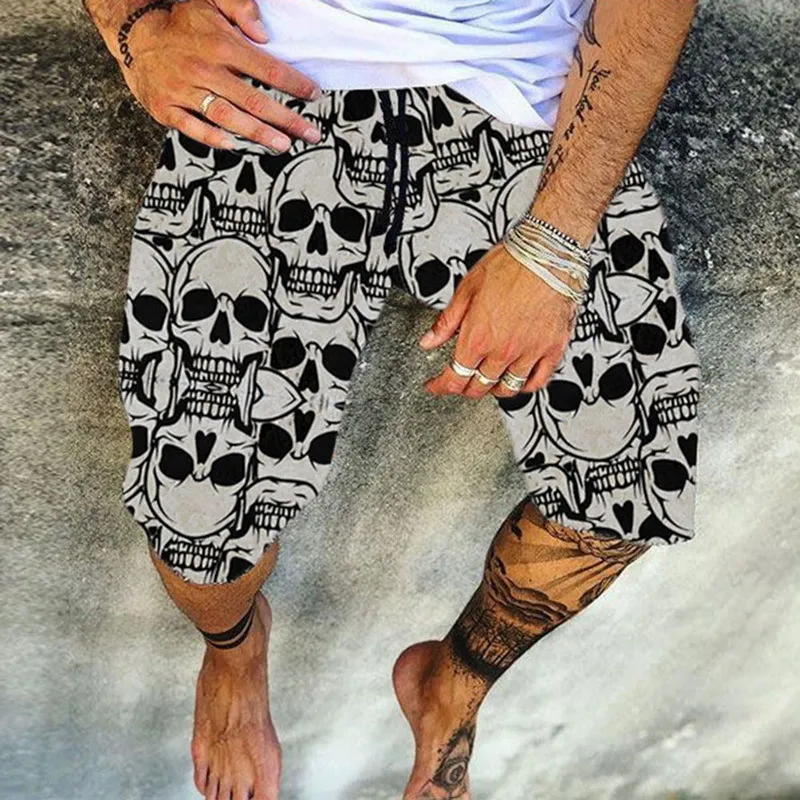 Streetwear Vintage Skull Print Shorts Men Cotton Linen Casual Loose Drawstring Beach Short Pant For Male Summer 220524