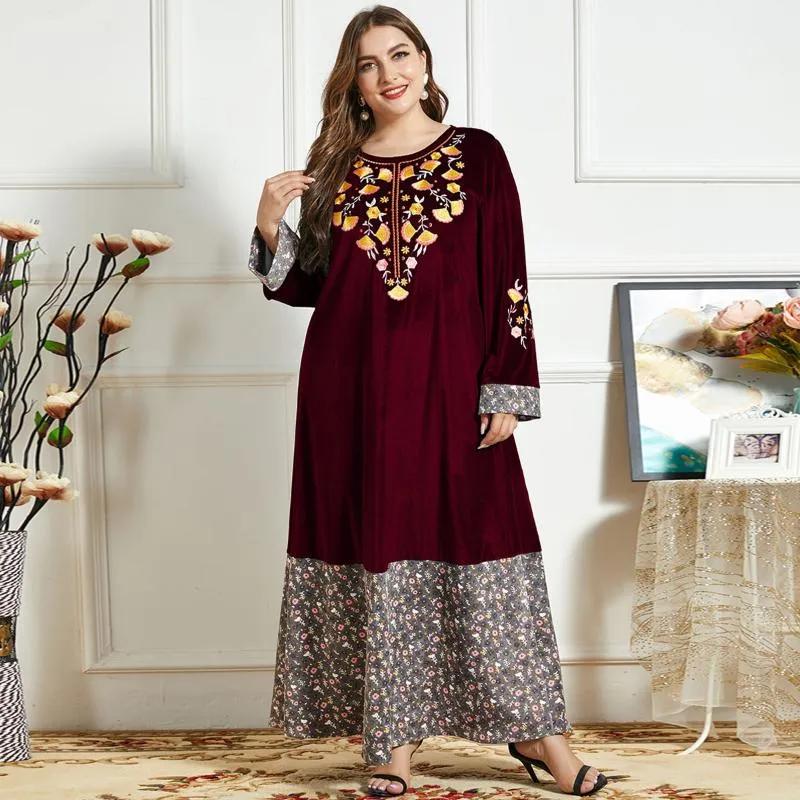 Plus Size Dresses Embroidery Original Design Velvet Dress Women Patchwork Indie Folk Arabic Muslim Ankle-LengthPlus