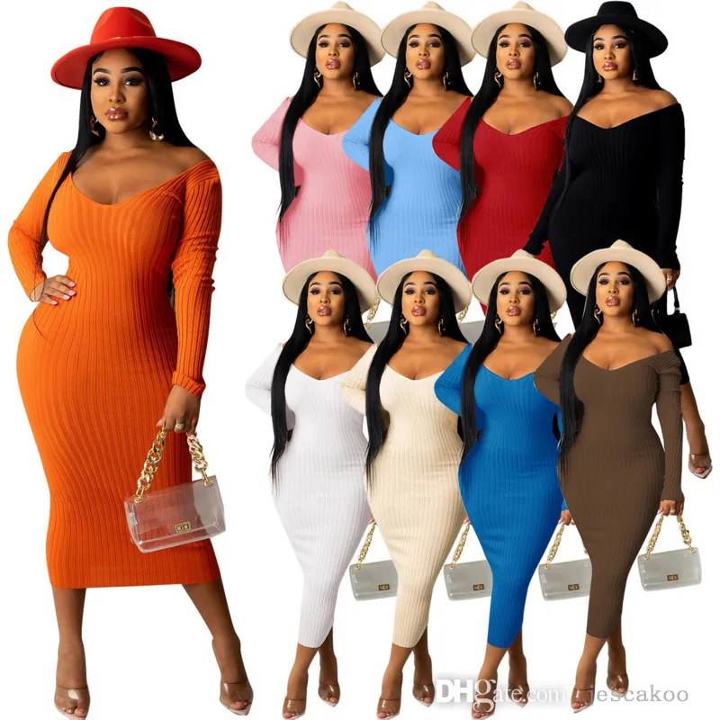 2022 Höst Kvinnor Bodycon Plus Size Klänning Ribbstickad tröja Kjol Mode Off Shoulder Långärmade Maxiklänningar