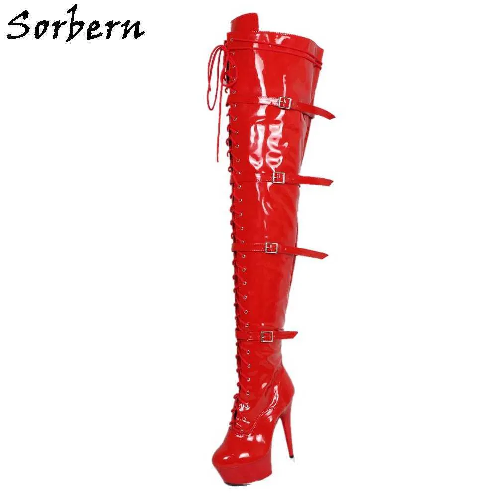 Sorbern femmes sur le genou longueur bottes rouge en cuir verni 15 CM talons grande taille dames fête bottes mode dames bottes