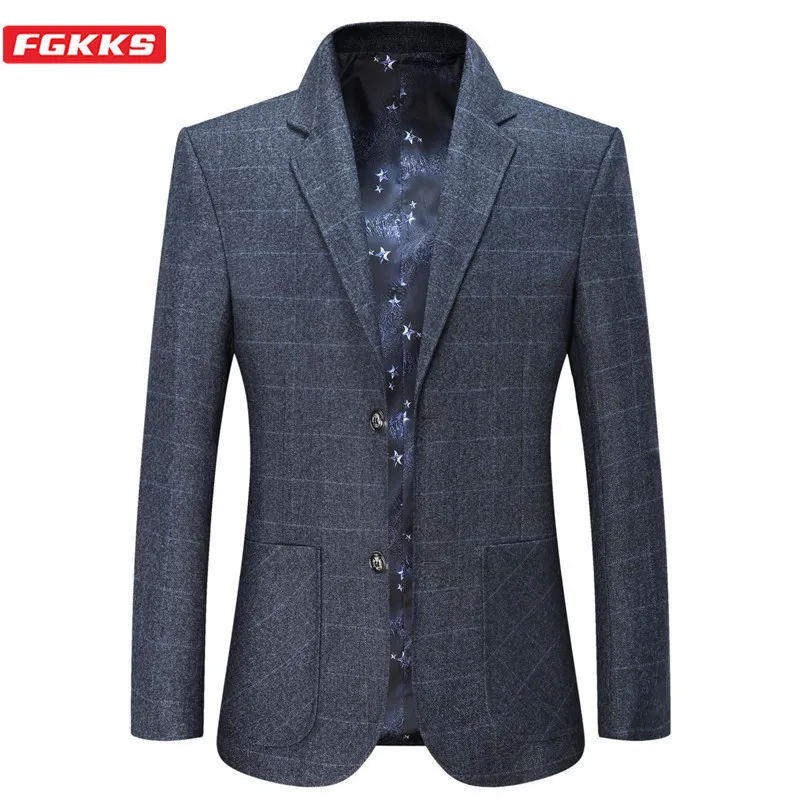 FGKKS Men Business Casual Blazers Mens Solid Color Plaid Suit Jacket Spring Autumn Fashion Comfortable Blazers Male 201104