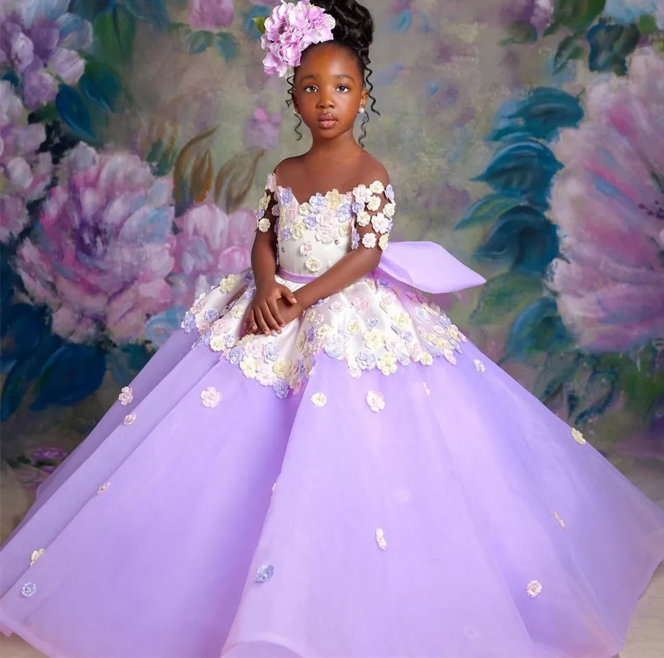 Robes de demoiselle d'honneur lilas à col transparent, en Tulle, avec fleurs faites à la main, robes de mariage de concours d'anniversaire pour enfants, ZJ517, 2022