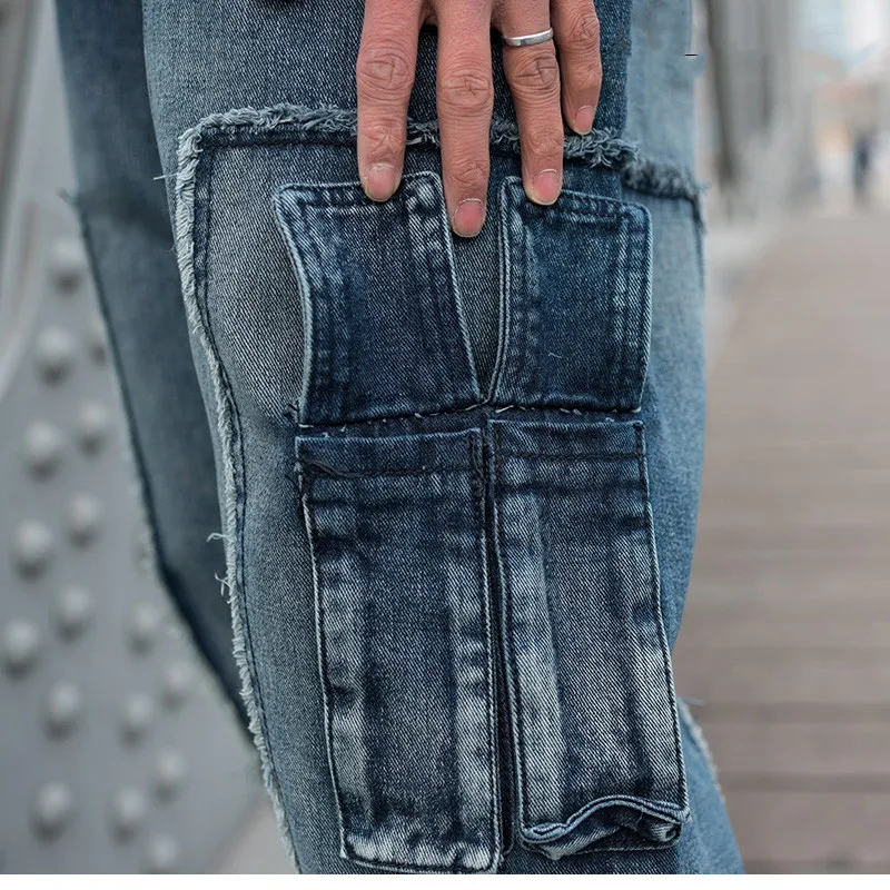 Mens Plus Size 6XL Elastic Waist Cargo Jeans Loose Fit Denim