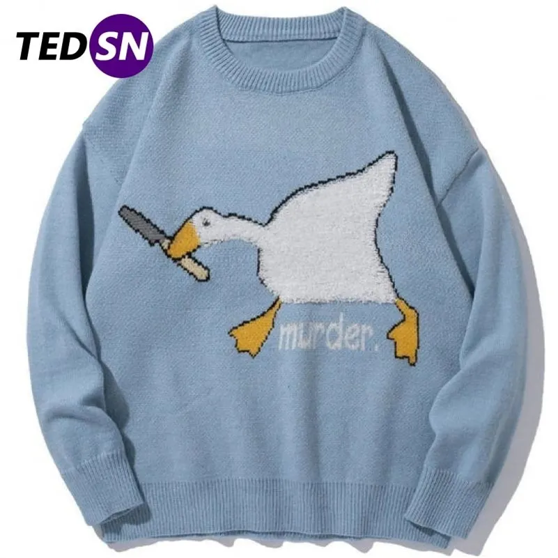 TEDSN Moord Gans Eend Mannen Gebreide Trui Cartoon Gedrukt Oversize Jumper Truien Winter Unisex Mode Kleding Harajuku 220812