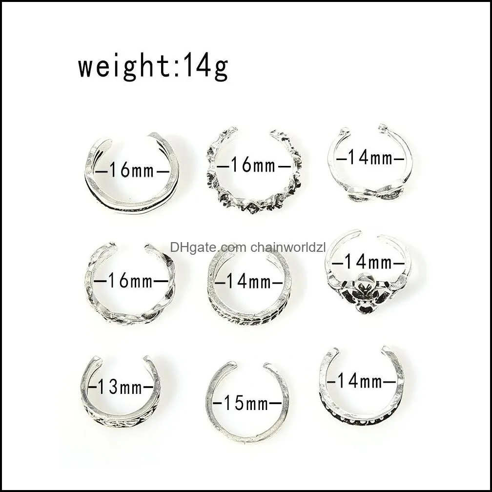 9PCS Tail Foot Finger Ring Gifts Adjustable Open Carved Toe Rings Set for Women Girl Summer Beach Vacation Kunuckle Jewelry