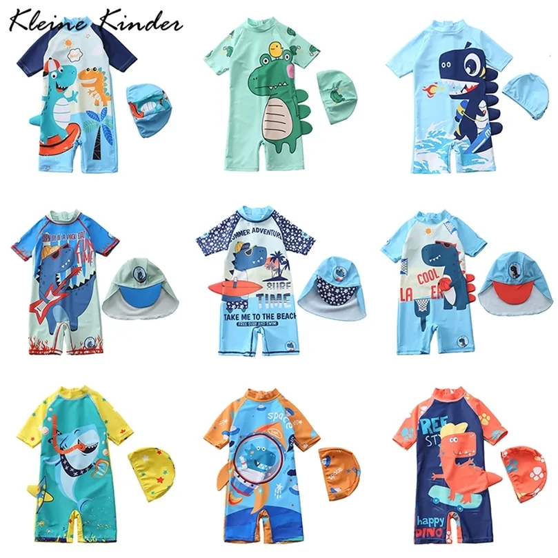 Swimsuit Kids SPF50+ Bathing Suit for Children Boys Dinosaur Print Baby Boy Swimwear with Hat Pool Surf Beach Wear 220426