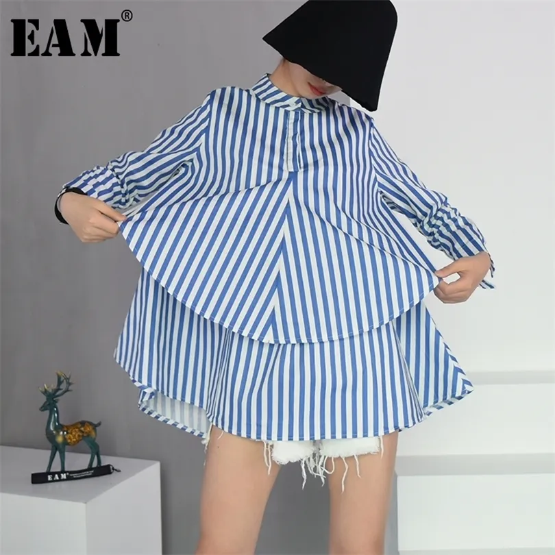 EAM Spring Autumn New Fashion Stand Collar Long Sleeve Blue Striped Loose Big Size Doubledeck Shirt Women Blouse YC203 T200322