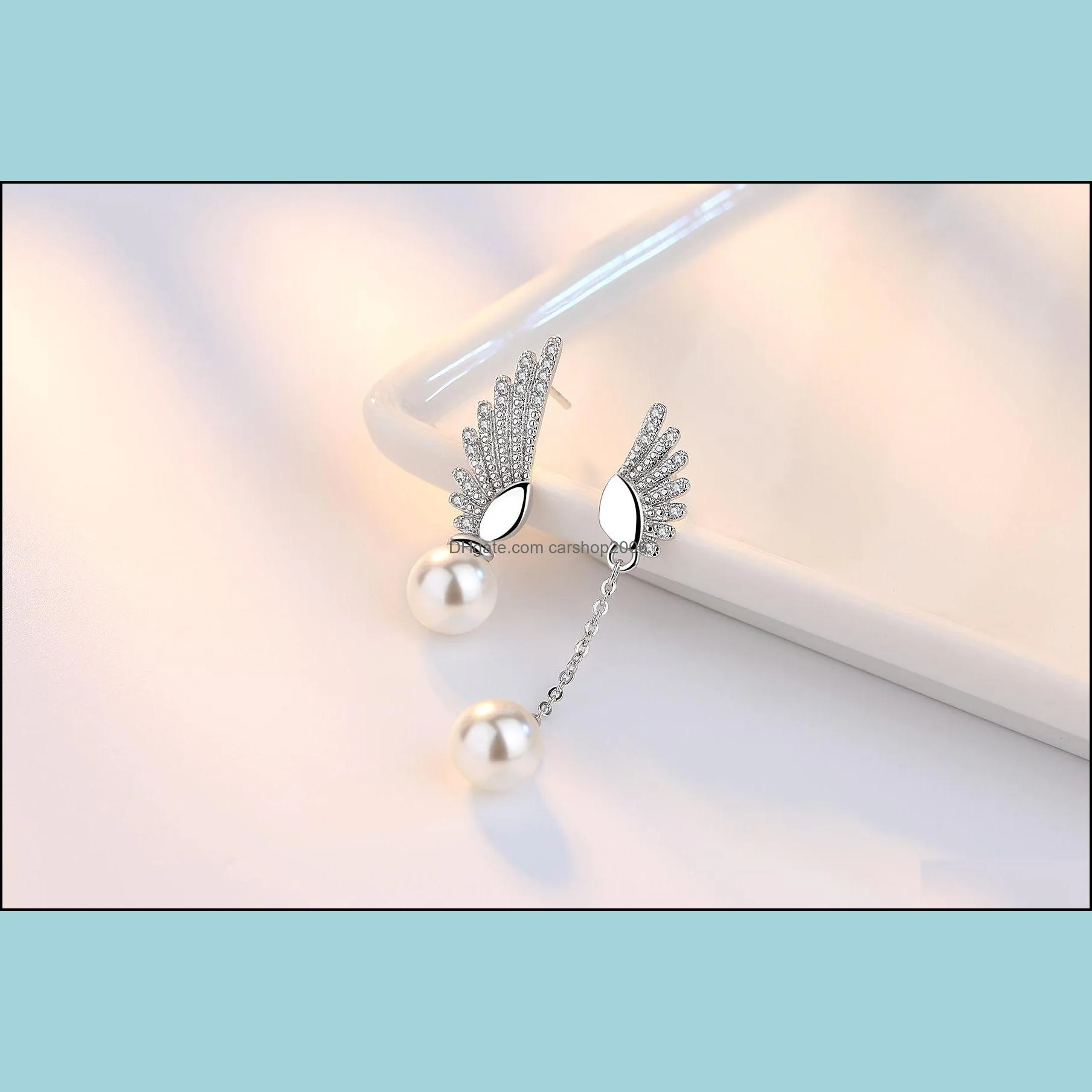 Fashion 925 silver plated ABS imitation pearl earrings asymmetry individuality Angel`s Wings stud earrings for women jewelry J120