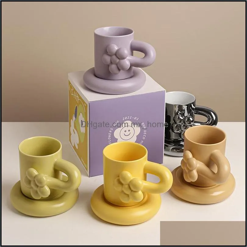 mugs cute flower coffee mug with saucer milk tea ceramic cup nordic style creative plate couple gift box set