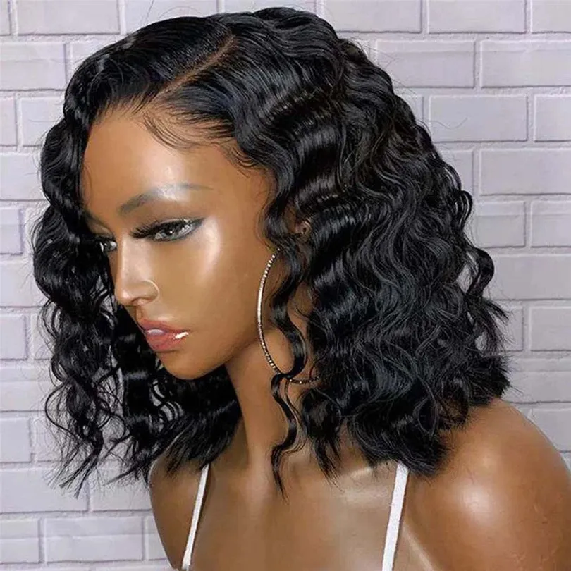 Perruque Lace Front Wig synthétique ondulée courte, couleur noire 1B, perruque Bob en Fiber résistante à la chaleur, perruques pre-plucked sans colle pour femmes