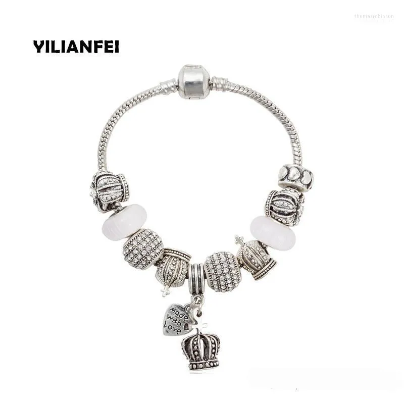 Charm Bracelets YILIANFEI Silver Plated Crown Heart Pendant Fashion Elegant & Bangles With White Chamilia Beads For Women BT01261