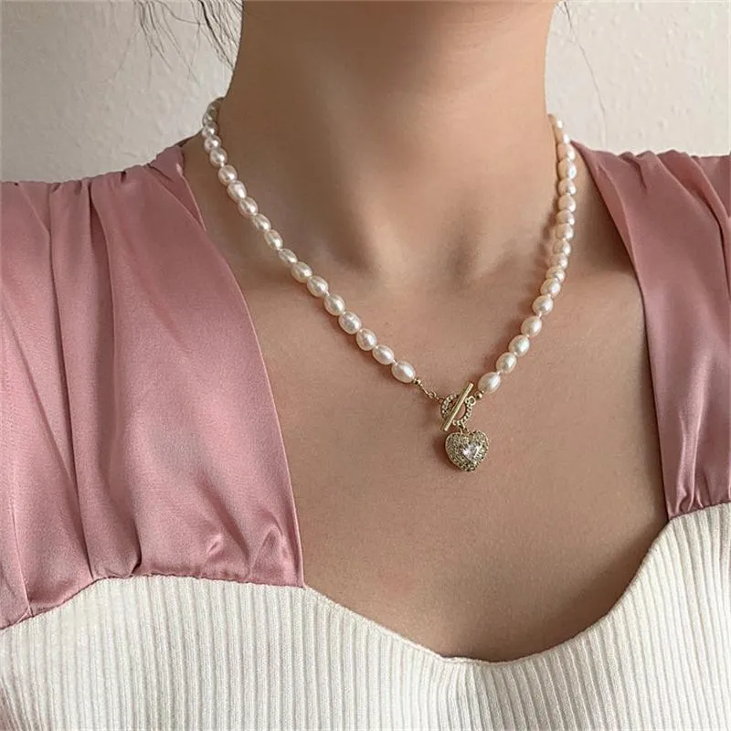 Pendant Necklaces Ailodo Natural Freshwater Pearl Necklace For Women Luxury Cubic Zirconia Heart Elegant Party Wedding JewelryPendant