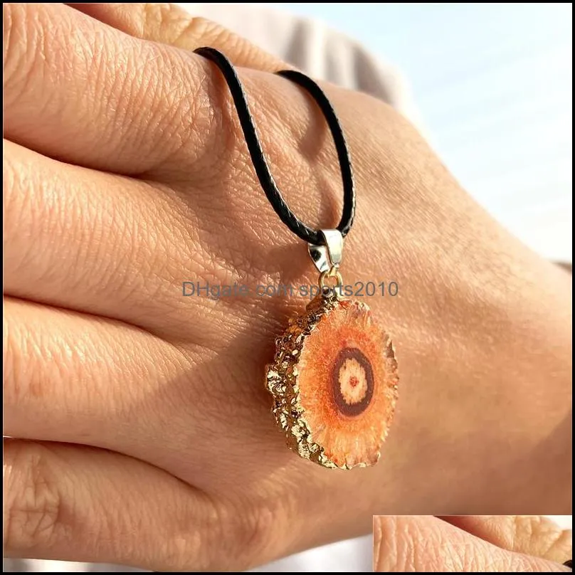rough stone crystal druzy druze pendant necklace women`s summer flower bohemian adjustable leather rope necklaces