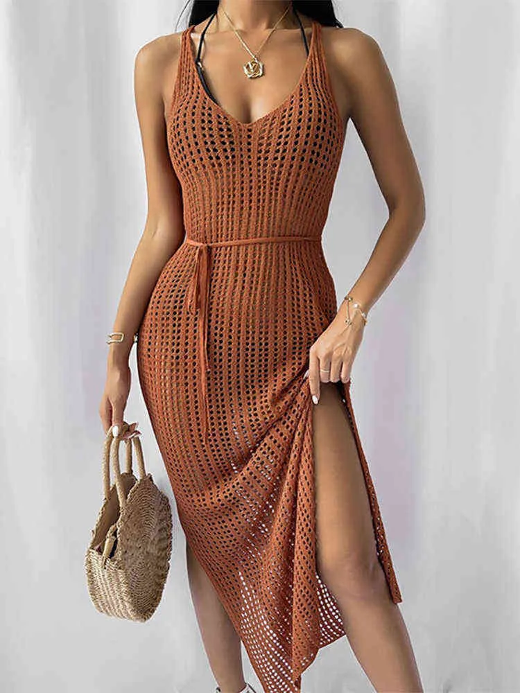 Sanches Knitted Summer Beach Dress Women Bikini Cover Up 2022 White Hollow Out Crochet Side Long Maxi Dress Casual Vestidos Y220413