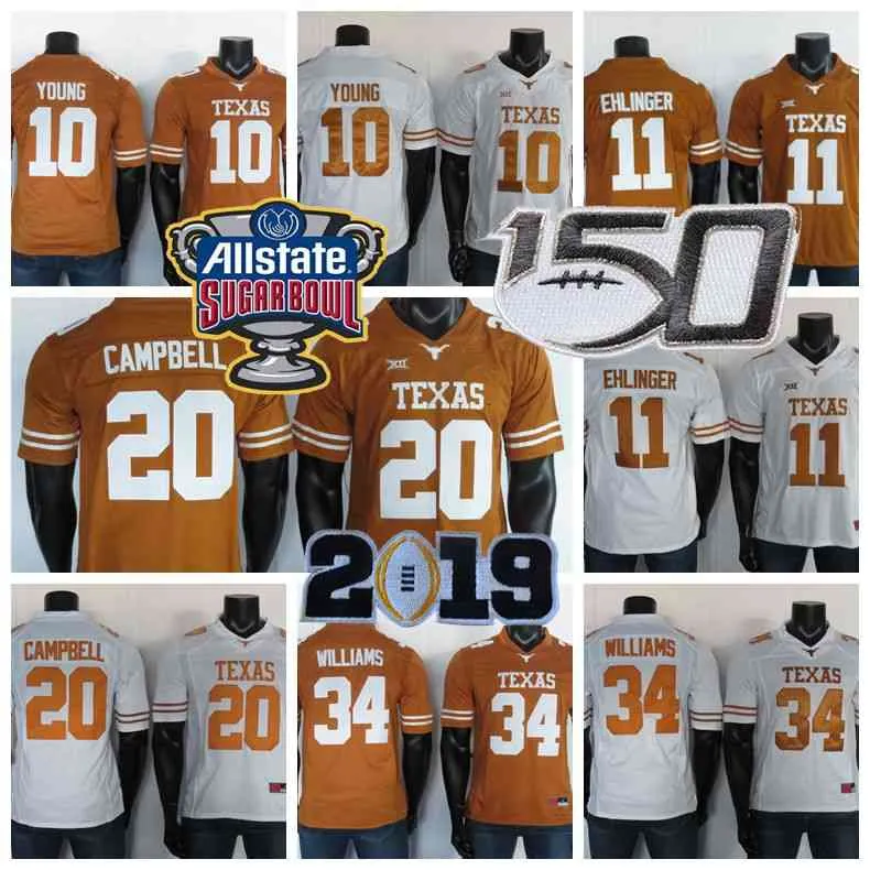 Sällsynta Texas Longhorns Jerseys 10 Young Jersey 20 Campbell 34 Willams 11 Sam Ehlinger White Brown College Football Jersey Stitched 150th