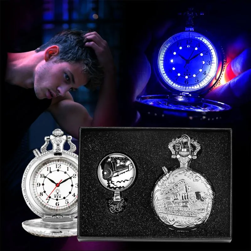 Pocket Watches Antique Steam Train Led Light Pendant Watch Arabic Number Clock Retro Necklace Chain Gifts For Men WomenPocket