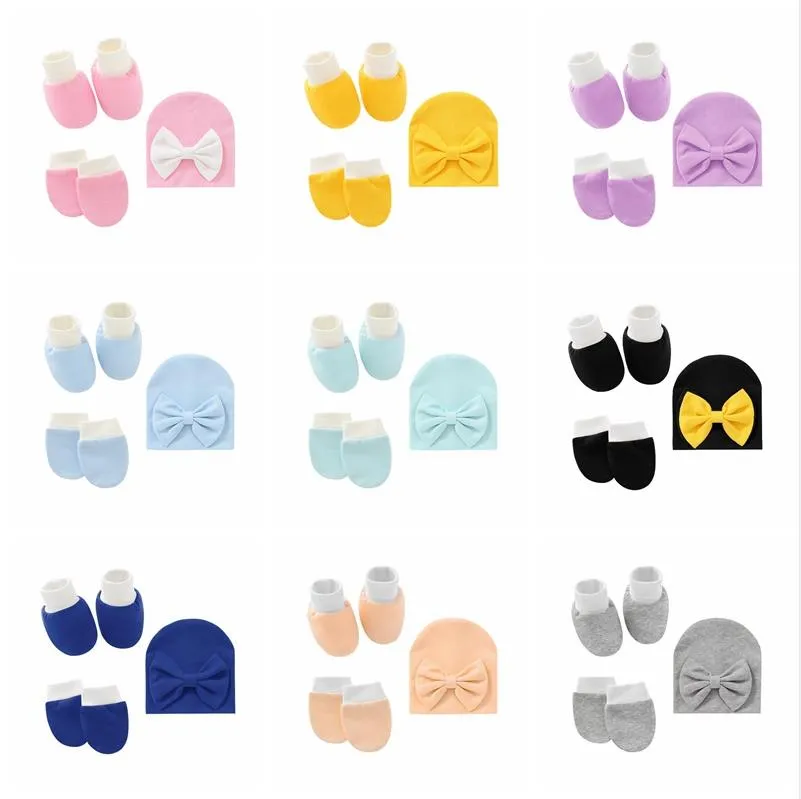 Newborn Fetal Cap Set Baby Bowknot Hats Hand Feet Cover Infant Gloves Foot Cover Toddler Socks Sets Bow Tie Hat Kids Gift 3 Pieces BB7937