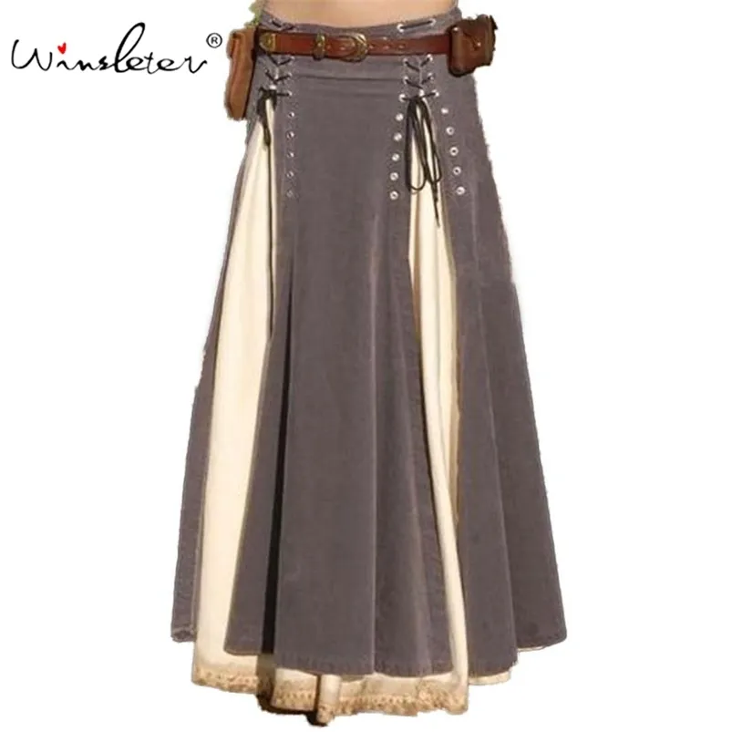 Våren 2020 Vintage Ethnic kjol Kvinnor Folk Patchwork Lace Up A Line Long Kjol Maxi Empire High midje Plus Size S LJ201029