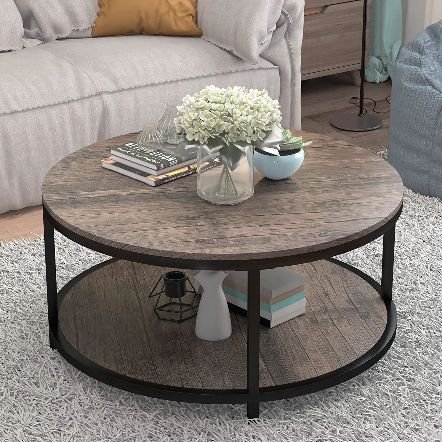 Table basse ronde de 36 pouces avec surface en bois rustique, pieds en métal robustes, table de canapé industrielle pour salon, mobilier de maison au design moderne avec étagère ouverte de rangement