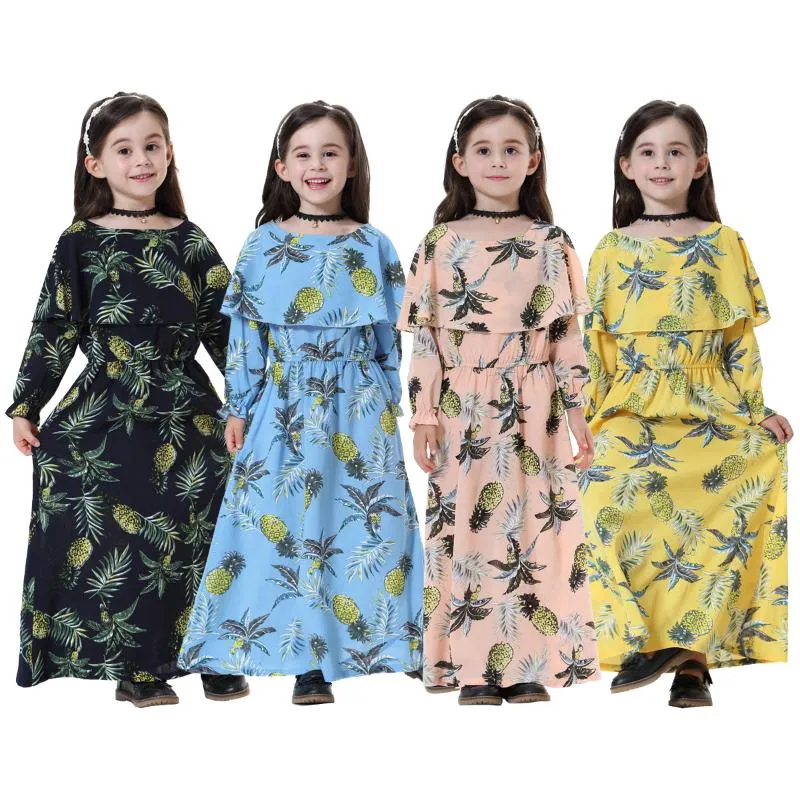 Girl's Dresses Muslim Islamic Girls Long Sleeves Round Collar Thobe Bolero Children Printing Ankle Length Maxi Dress Abaya Arabic Ethinc Rob