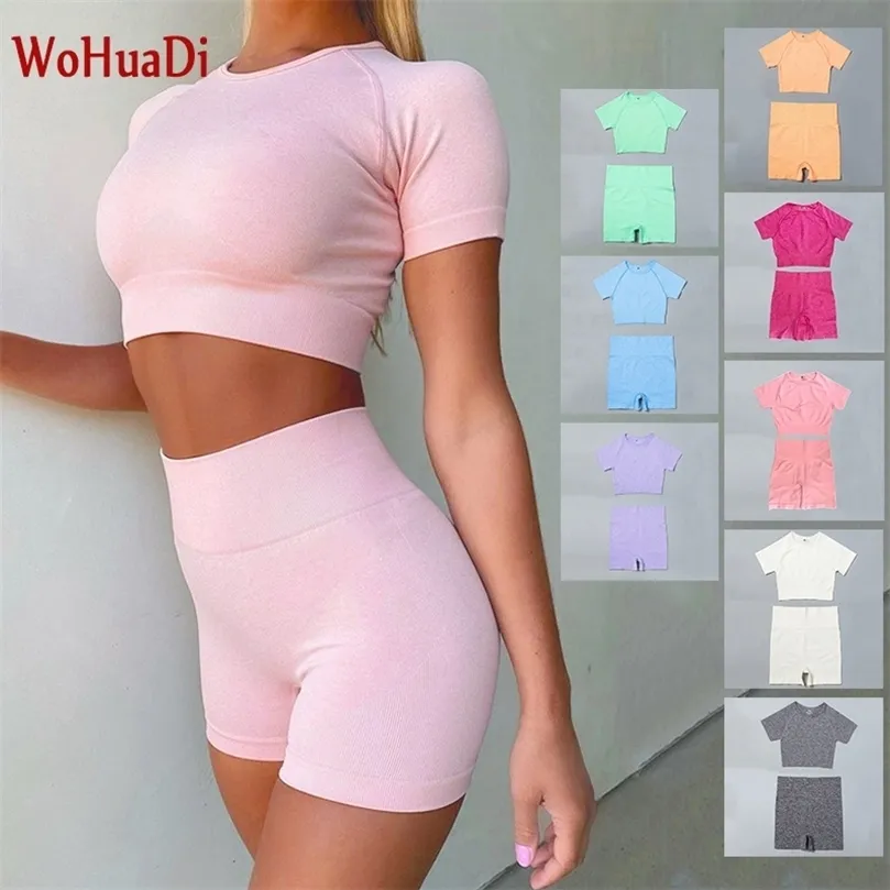 WOHUADI Summer Seamless Yoga Set Women's Clothing 2Piece Sport Crop Top T-Shirt+Shorts Leggings Push Up Fitness Workout Gym Suit 220330