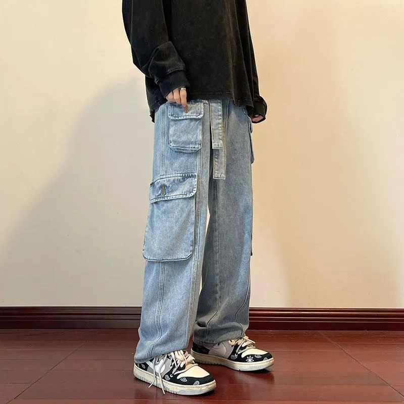 M￤n jeans m￤n lila multi-pockets last jean byxor m￤ns rak baggy streetwear hip hop neutral denim byxor 5 f￤rgsm￤n