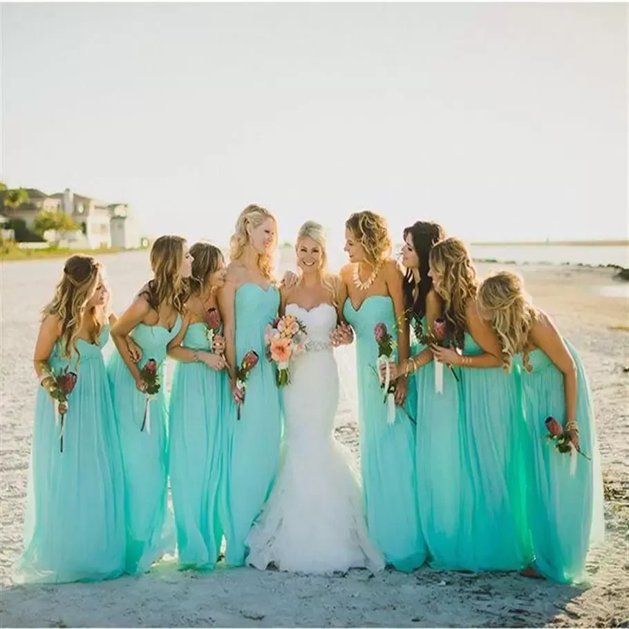 Turquoise Bridesmaid Dresses Sleeveless Chiffon Sweetheart Neckline Custom Made Floor Length Plus Size Maid Of Honor Gown Country Wedding Wear 403