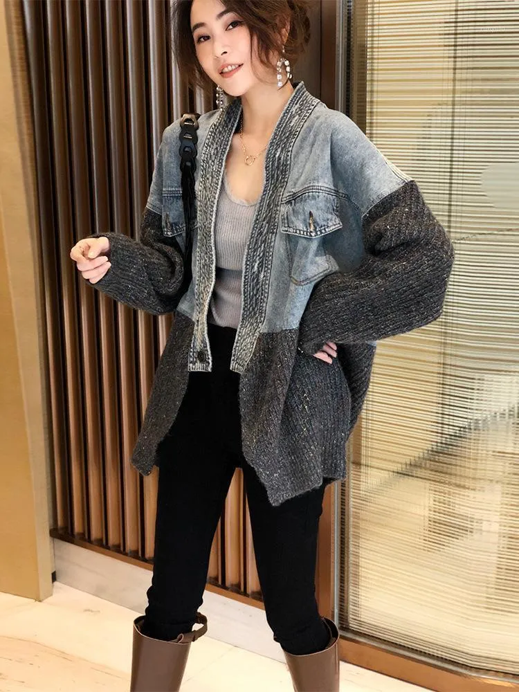 Women's Jackets Women 's Jacket Spring And Autumn Korean Style Youth Patchwork Denim Street Knitted Cardigan