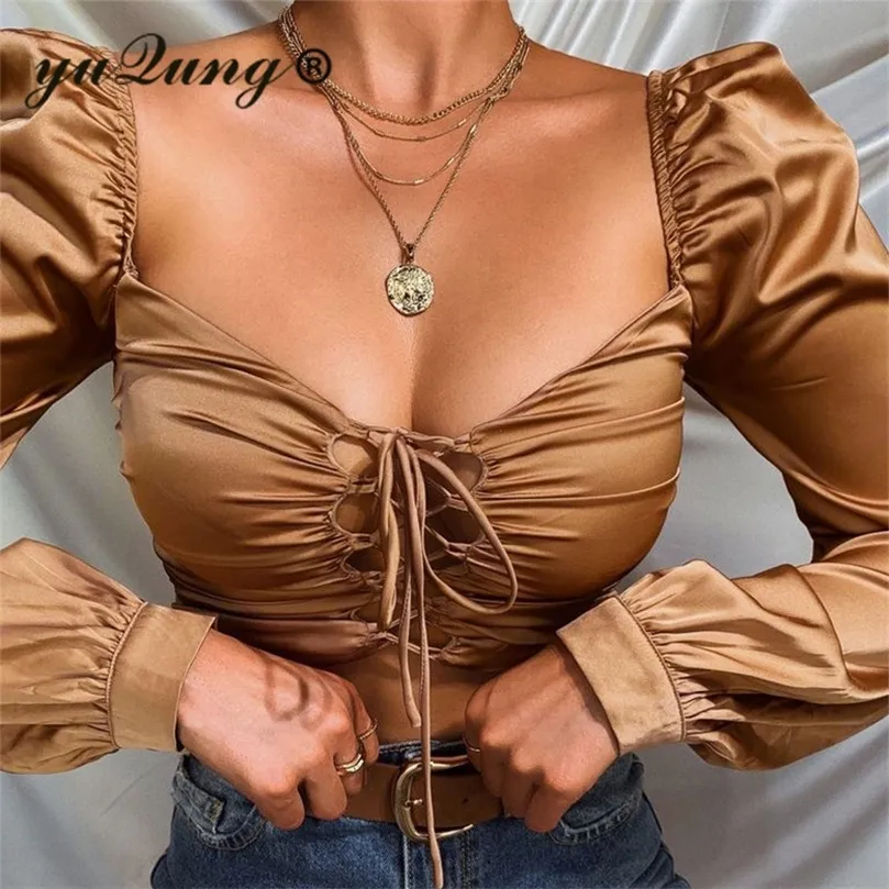 YuQung Vintage Women Lace Up Shiny Silk Satin Short Blouses Shirt Puff Long Sleeve Square Neck Crop Tops Brown Streetwear 210226