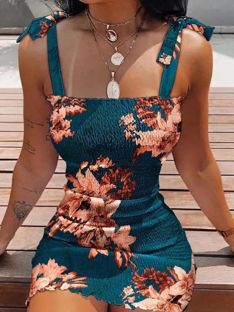 Casual Dresses Elegant Floral Print Bohe Party Dress Sexy One Shoulder Bow Tie-up Mini Summer Women Sleeveless Bodycon Short