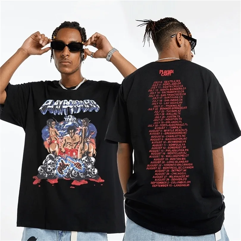 랩 playboi carti 유럽과 미국의 거리 빈티지 힙합 tshirt 남자 짧은 소매 면화 t 셔츠 음악 티 셔츠 의류 220629