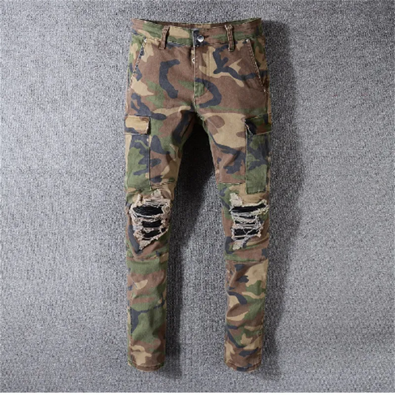 Men's Jeans Italian Style Men Jeans Army Green Camouflage Patchwork Casual Pants Slim Fit Brand Streetwear Stretch Biker