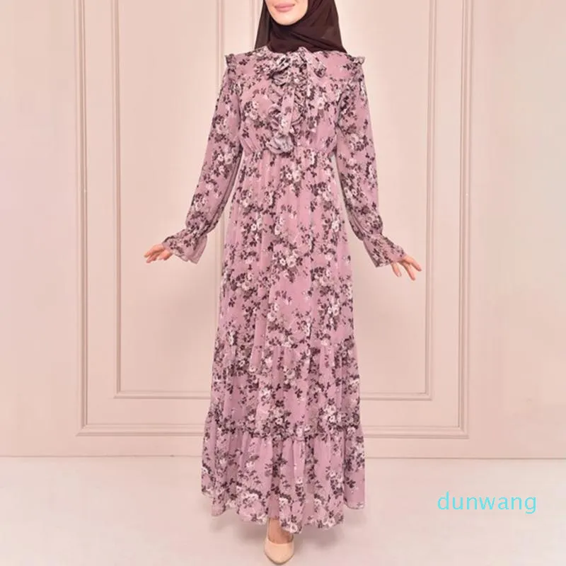 Ethnic Clothing Print Dresses Women Fashion Floral Bow Collar Frill Design Flare Sleeve Belted Swing Soft Robe Muslim Party 2022Ethnic