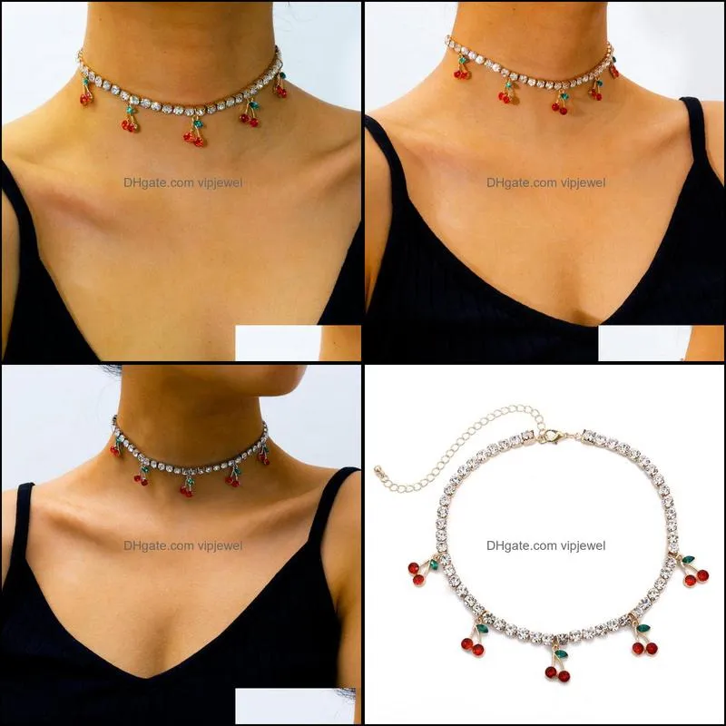 new fashion rhinestone cherry pendant necklace for women tennis chain choker hiphop jewelry