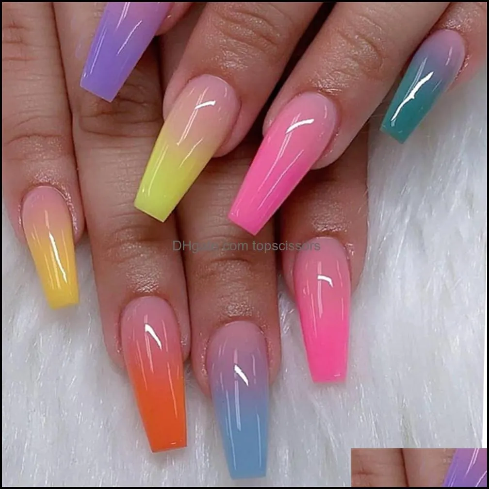 24Pcs/Set Reusable False Nail Tips Full Cover Rainbow Gradient Nail Tips with Designs Press On Nails Art Fake Extension Tips